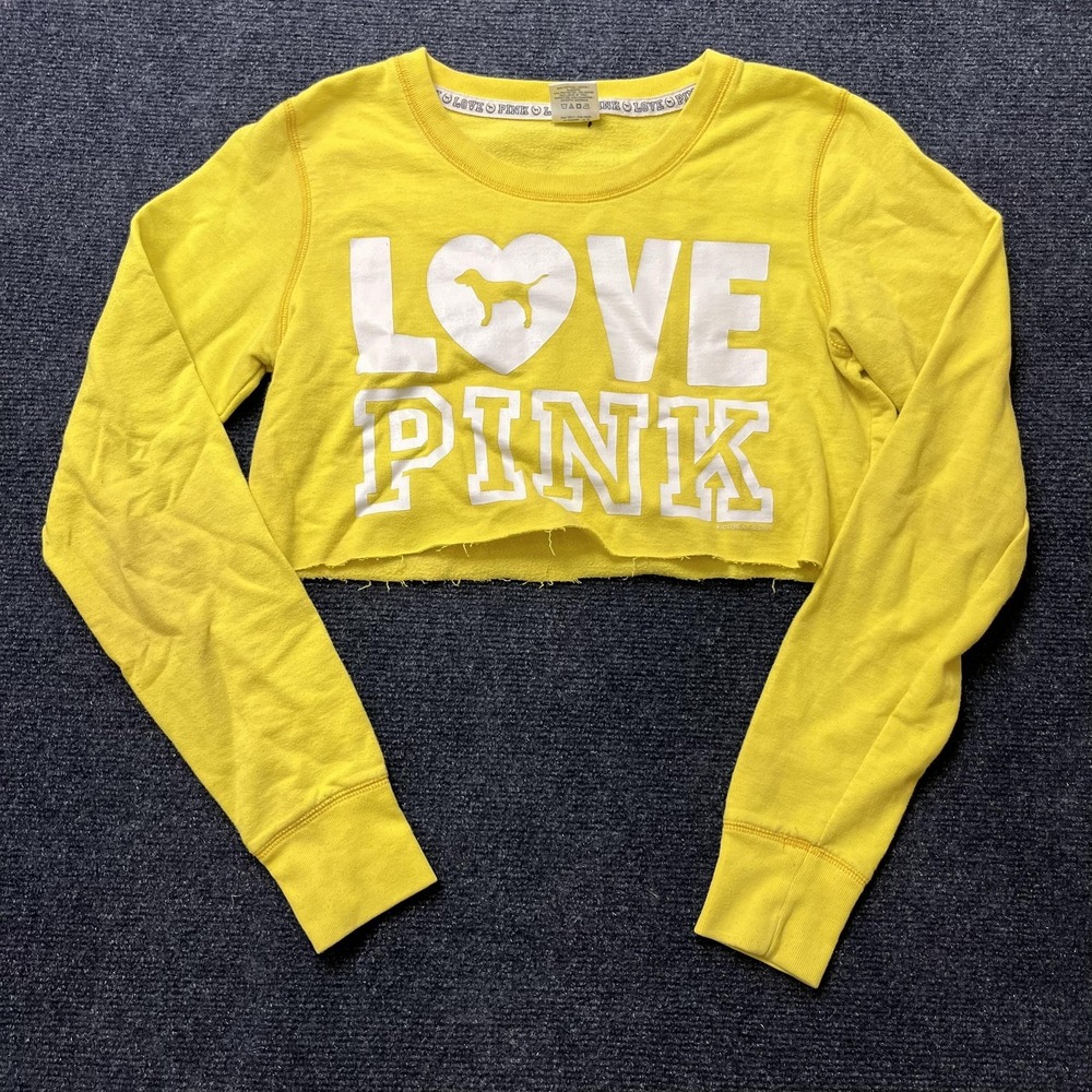 PINK Victoria's Secret Sweatshirt Womens Small Yellow LOVE PINK Cropped Raw Hem